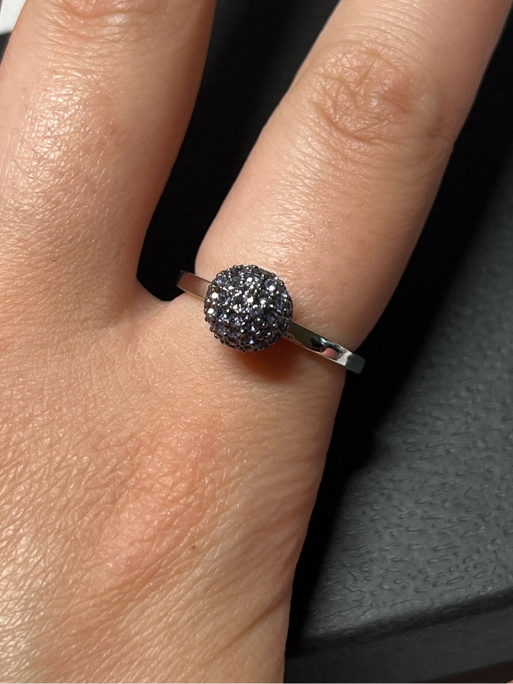 Lia Sophia Silver Ring with Dark Blue Pave Sphere
Size 7